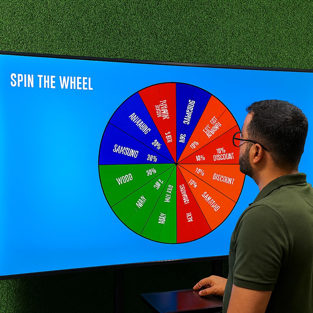 Arab male playing Spin the Wheel game at an exhibition event in Dubai, wearing traditional kandura, fully branded setup with digital screen and prize display, engaging crowd.